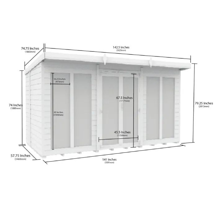 5ft x 12ft Pent Summer House (Full Height Window)