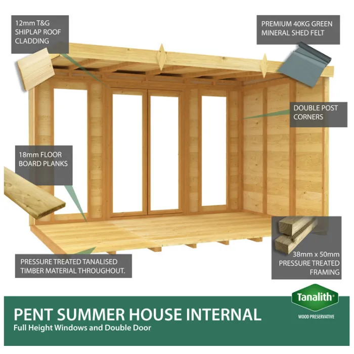 5ft x 12ft Pent Summer House (Full Height Window)