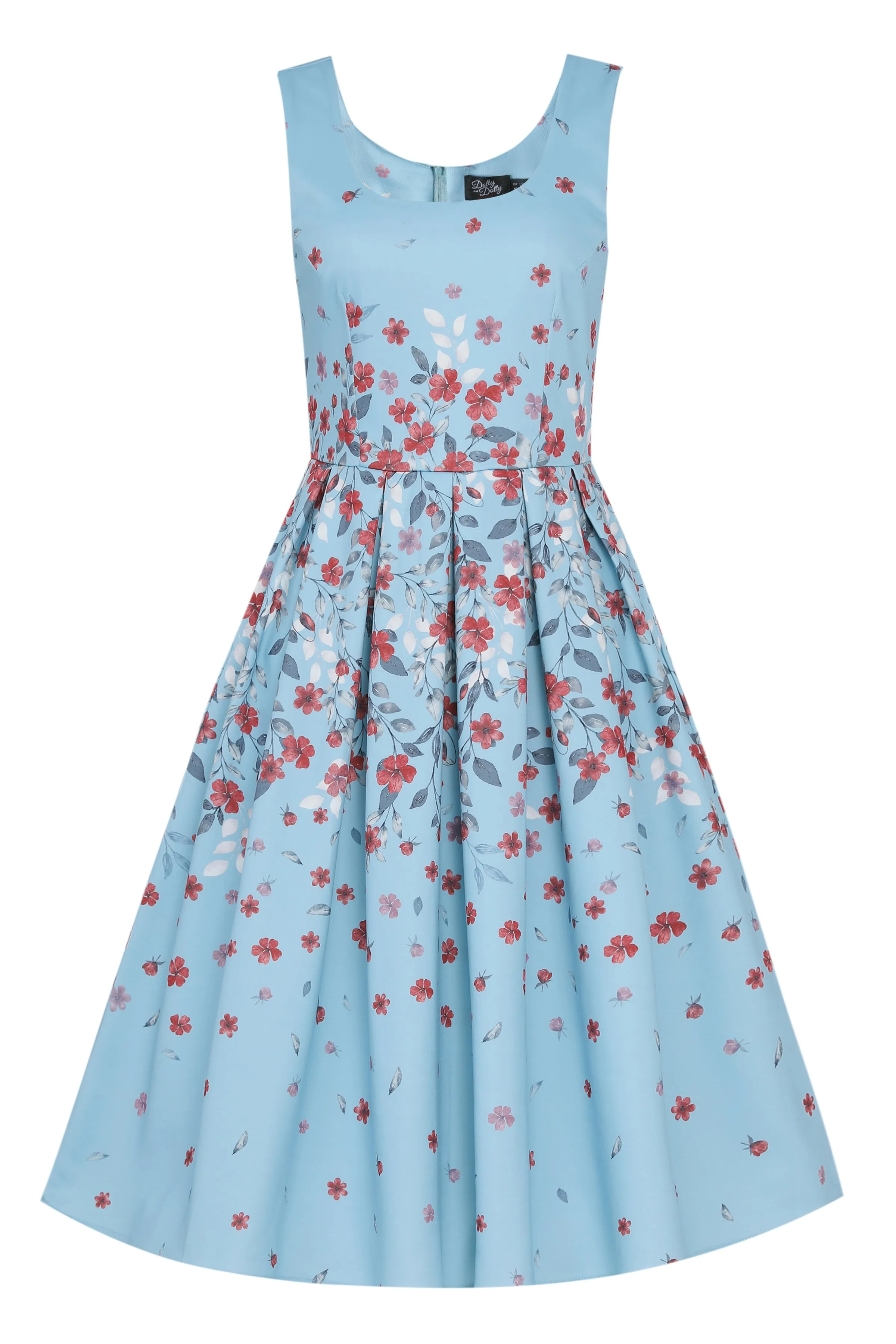 Amanda Blue Floral Midi Dress with Red Blossom Print