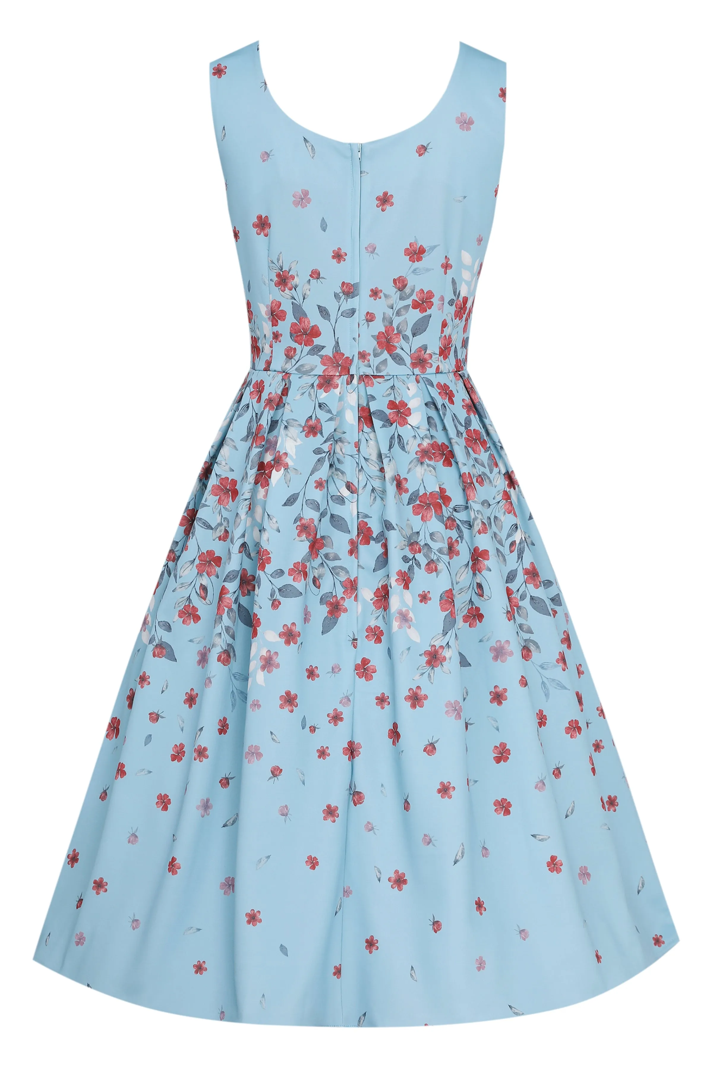 Amanda Blue Floral Midi Dress with Red Blossom Print