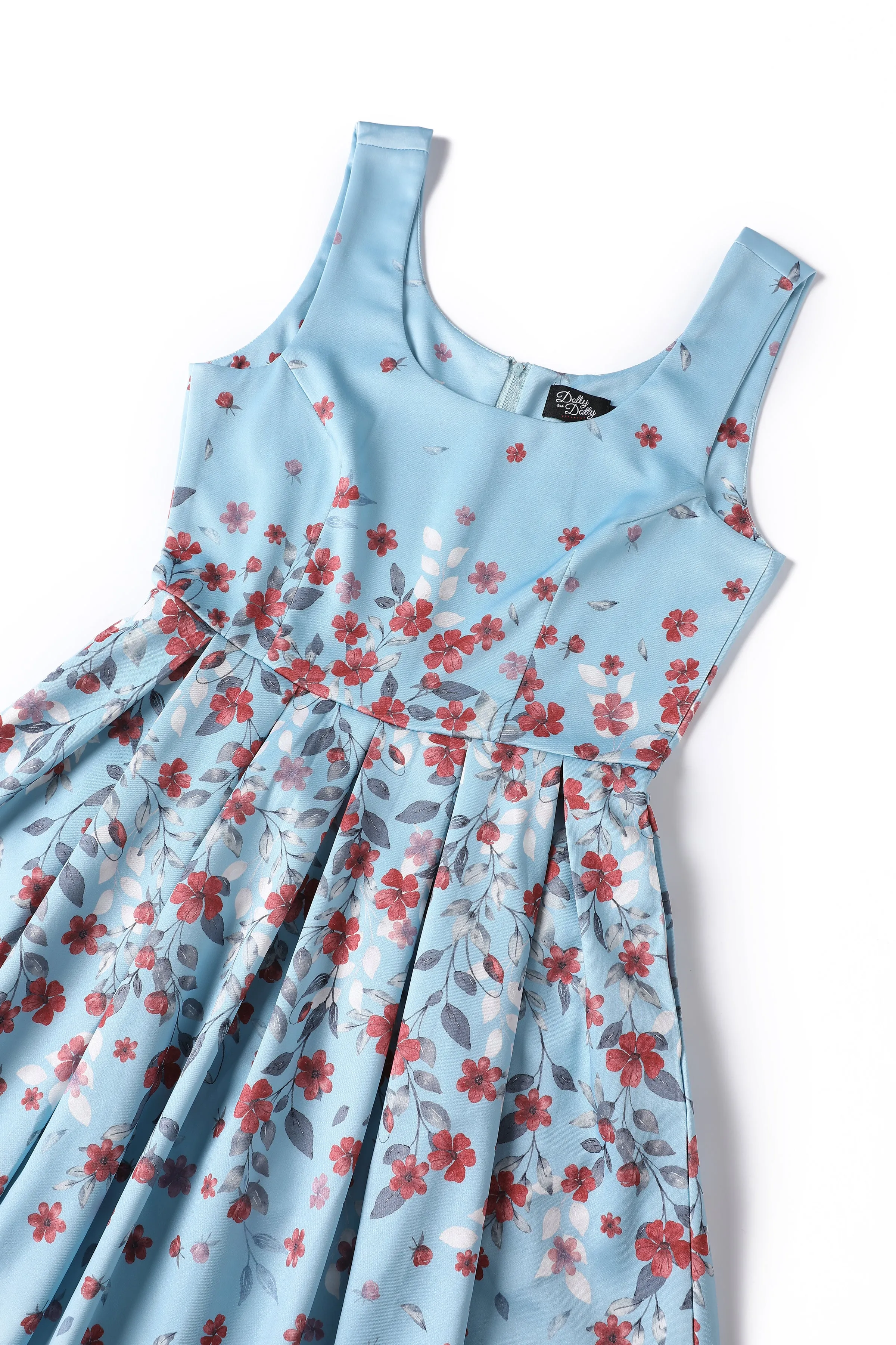 Amanda Blue Floral Midi Dress with Red Blossom Print