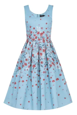 Amanda Blue Floral Midi Dress with Red Blossom Print