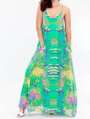 Animal Print Strappy Fully Lined Chiffon Maxi Dress with Side Pockets