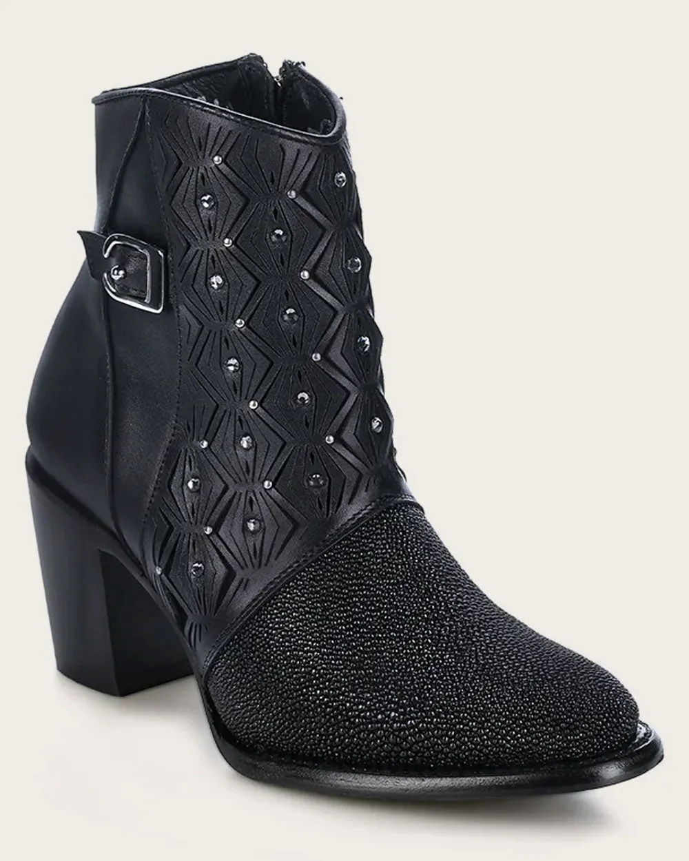 Ankle perforated black exotic bootie