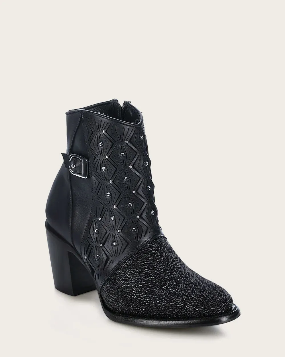 Ankle perforated black exotic bootie