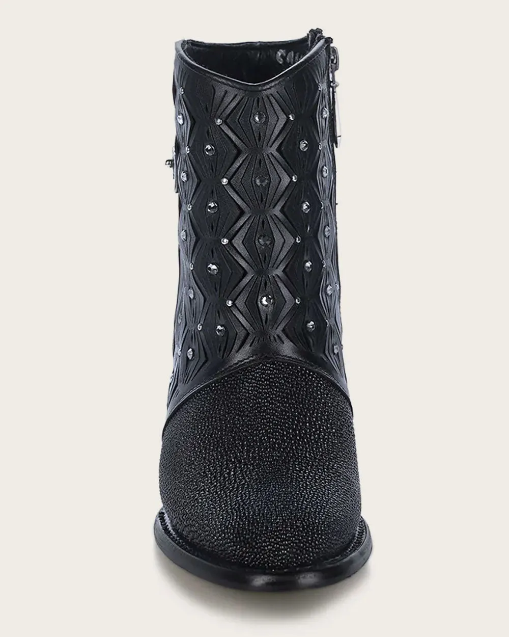 Ankle perforated black exotic bootie