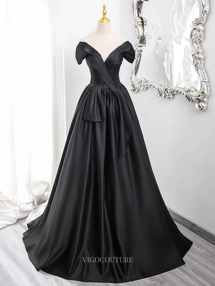 Black Satin Prom Dresses with V-Neck, Off the Shoulder Formal Gown BG008