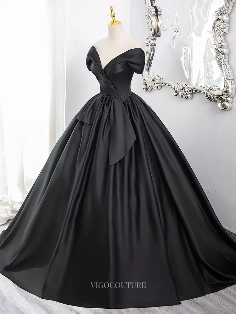 Black Satin Prom Dresses with V-Neck, Off the Shoulder Formal Gown BG008