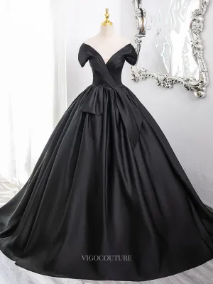 Black Satin Prom Dresses with V-Neck, Off the Shoulder Formal Gown BG008