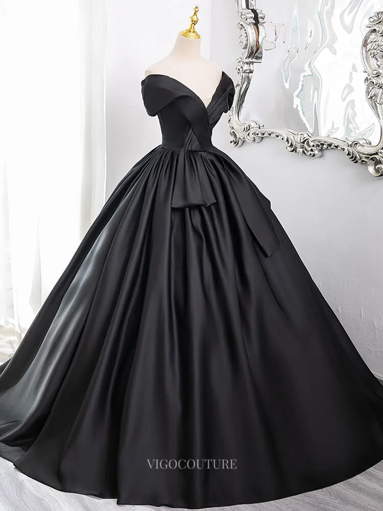 Black Satin Prom Dresses with V-Neck, Off the Shoulder Formal Gown BG008