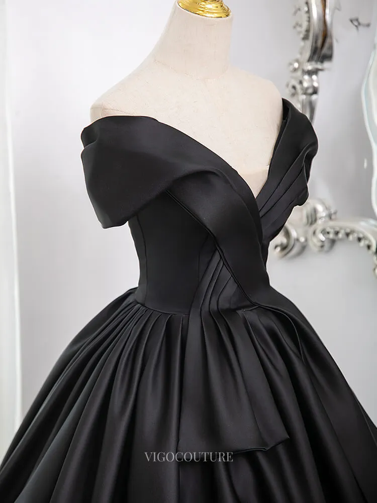 Black Satin Prom Dresses with V-Neck, Off the Shoulder Formal Gown BG008