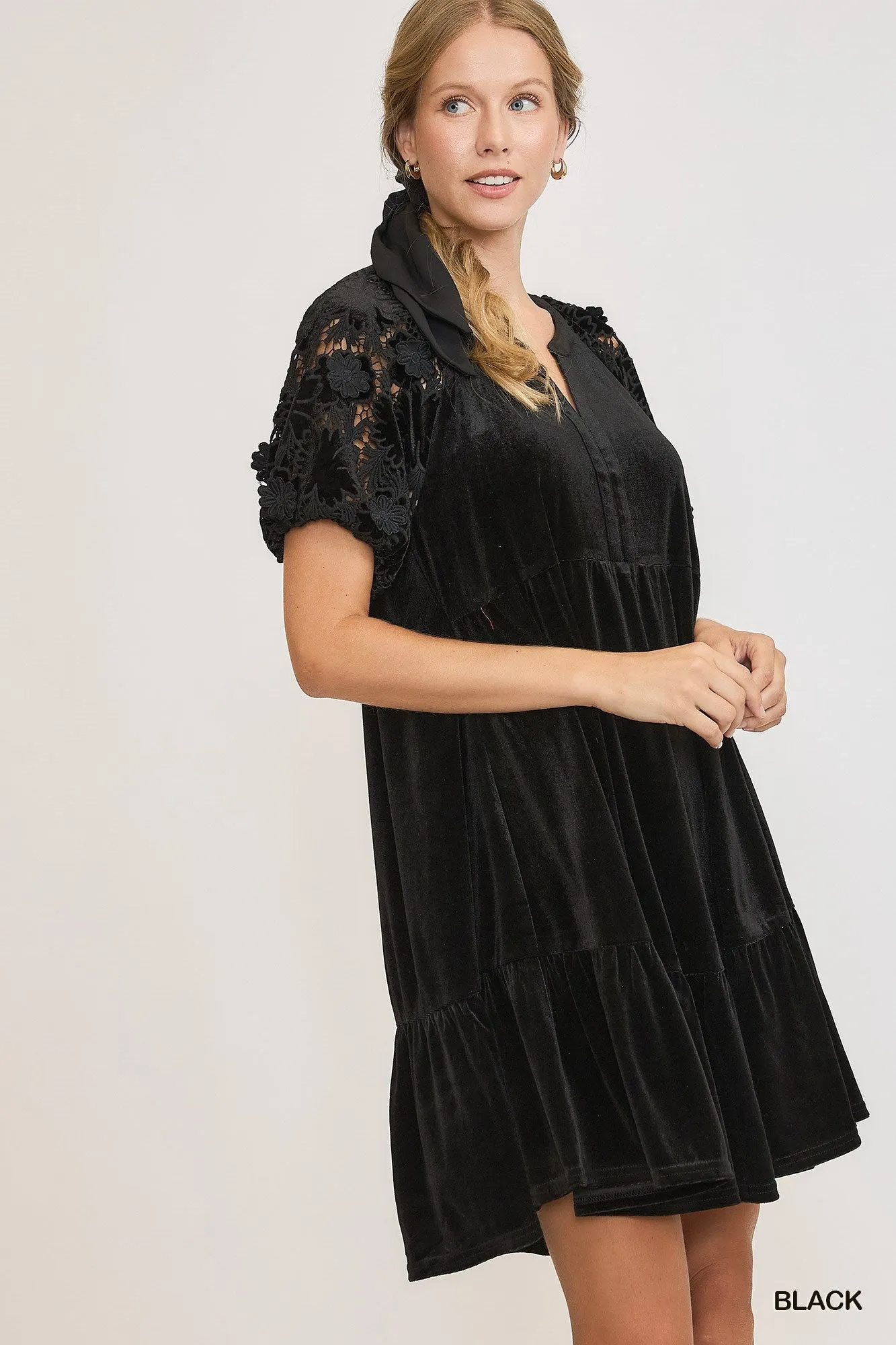 Black Velvet Tiered Dress w/ Lace Sleeves