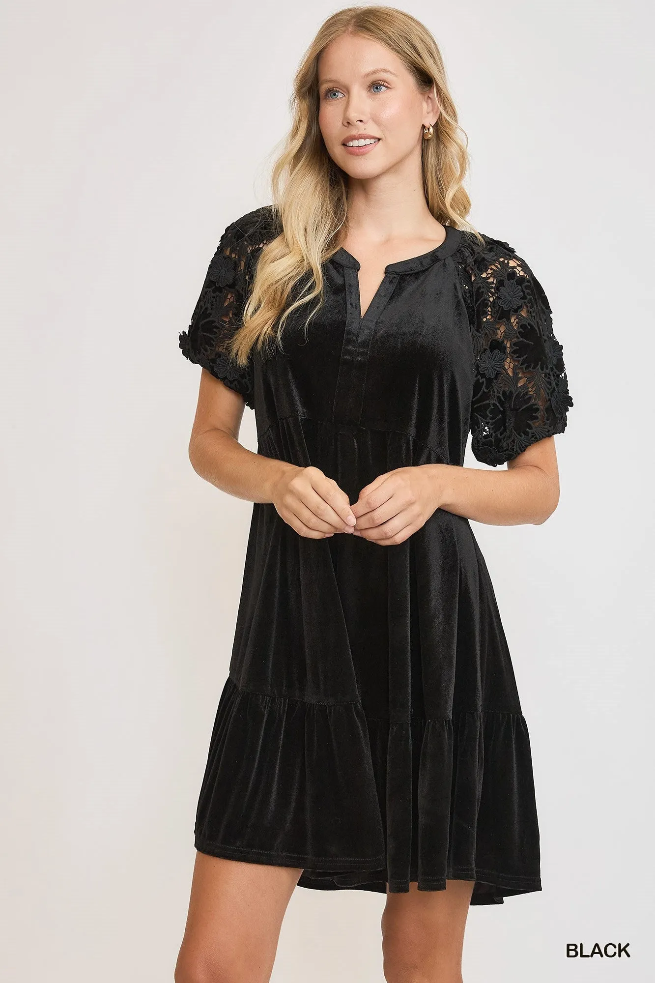 Black Velvet Tiered Dress w/ Lace Sleeves