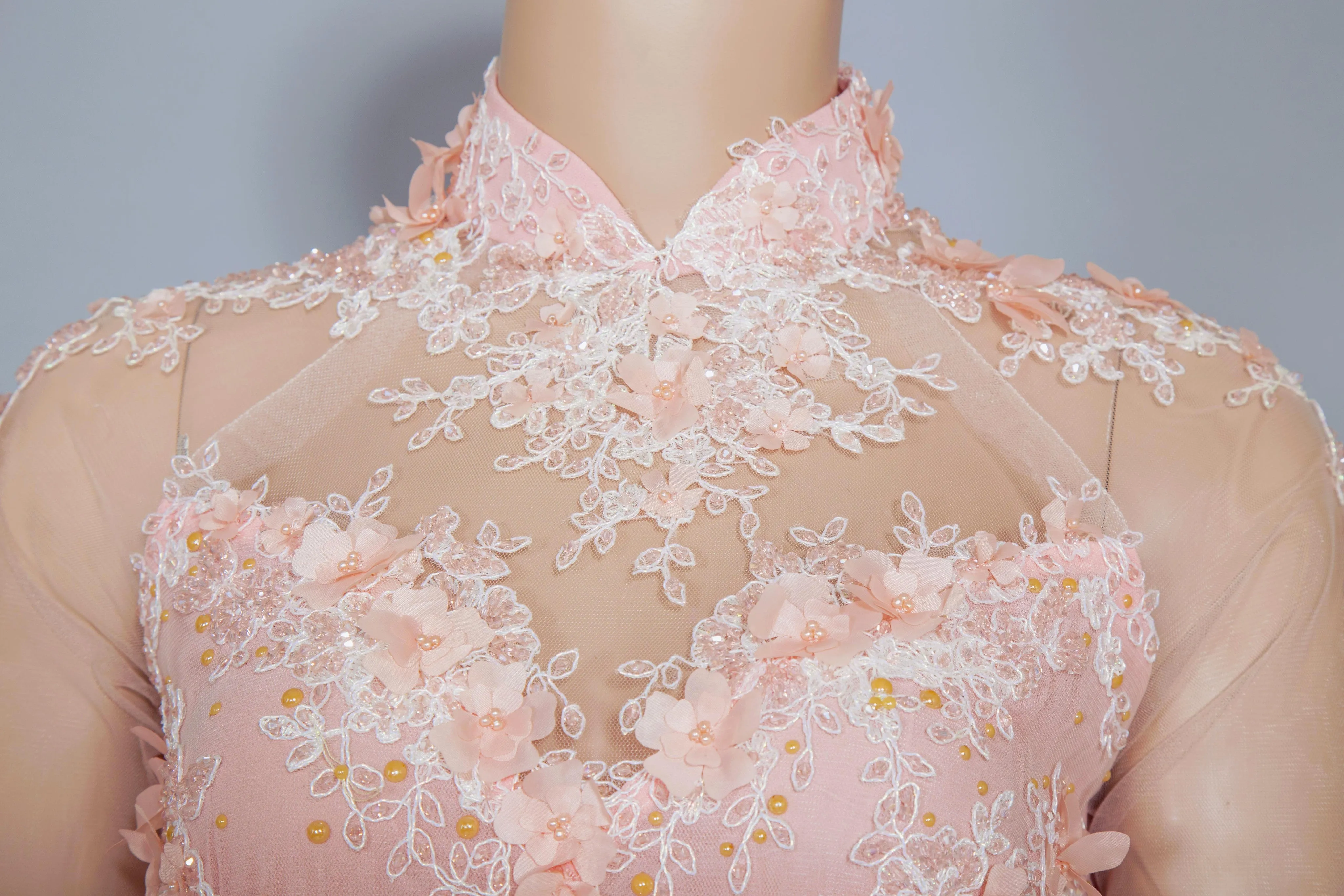 Blush Pink Bridal Ao Dai | Vietnamese Bridal Dress with Embellishment (#ANNIE)