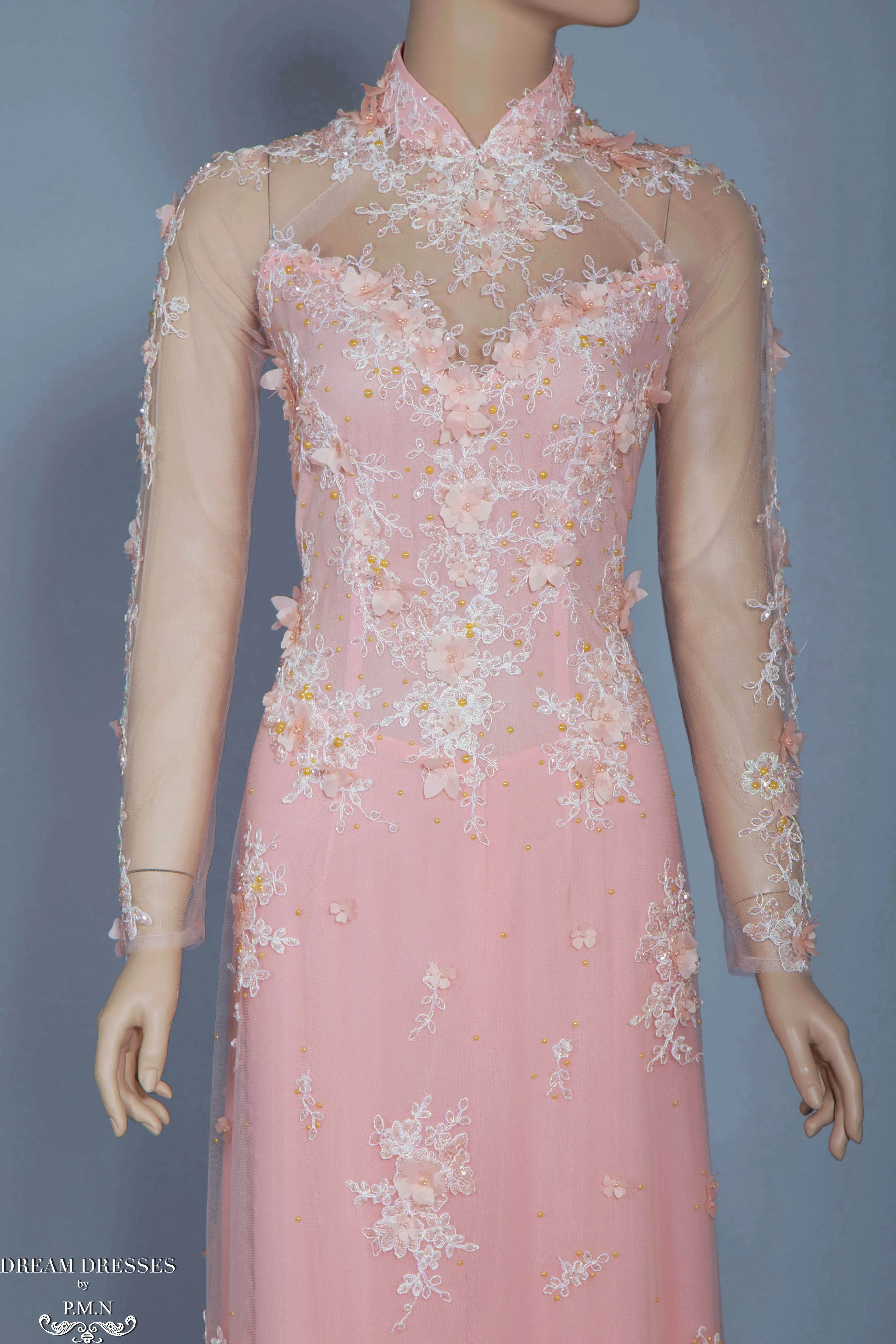 Blush Pink Bridal Ao Dai | Vietnamese Bridal Dress with Embellishment (#ANNIE)