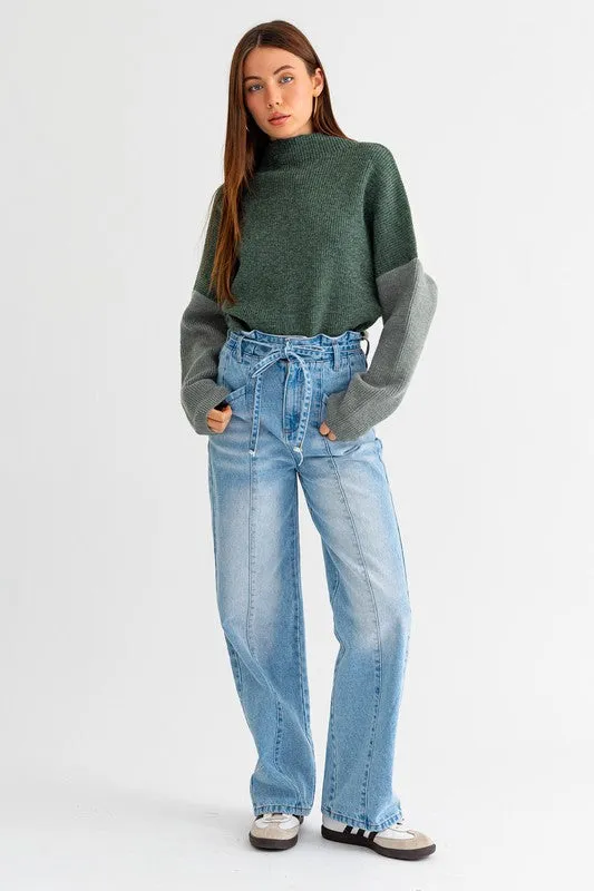 Bohemian Color Block Oversized Cropped Mock Neck Sweater