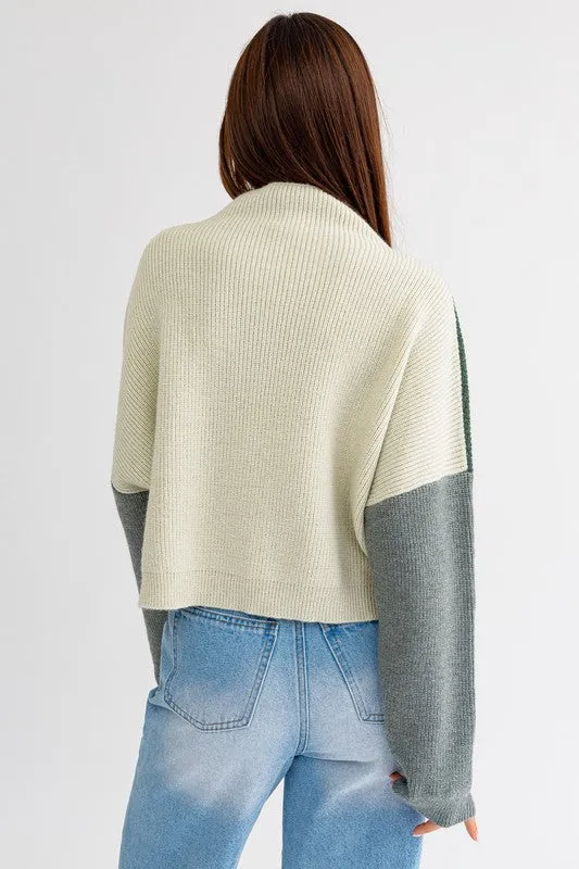 Bohemian Color Block Oversized Cropped Mock Neck Sweater