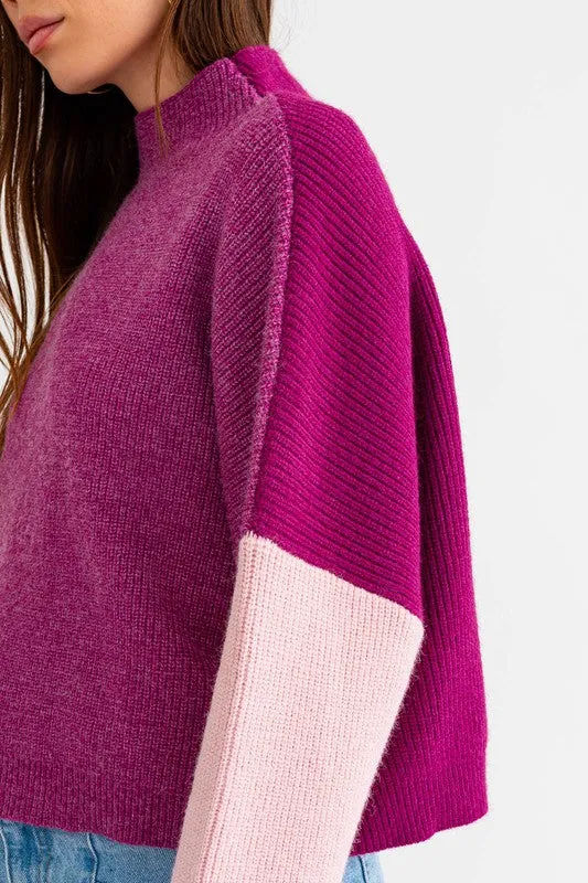 Bohemian Color Block Oversized Cropped Mock Neck Sweater