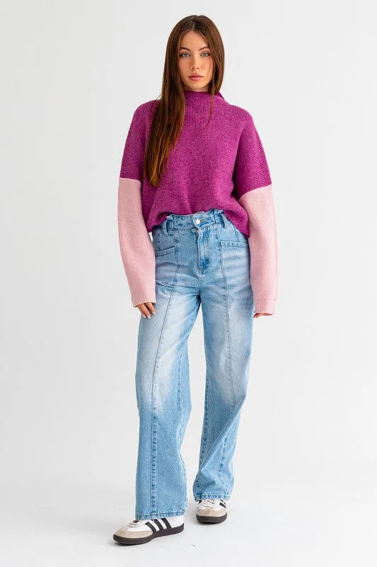 Bohemian Color Block Oversized Cropped Mock Neck Sweater