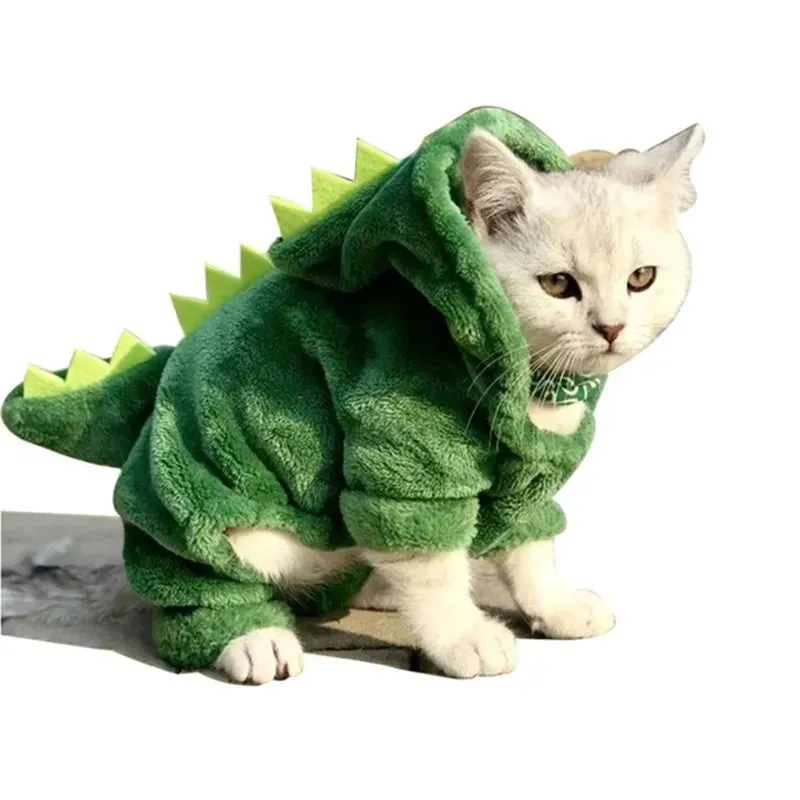 Cat Costume Pet Cat Clothes Puppy Dog Cat Funny Dinosaur Costume Winter Warm Plush Cat Coat Fleece Hoodies Sweater Small Dog Kitten Clothing