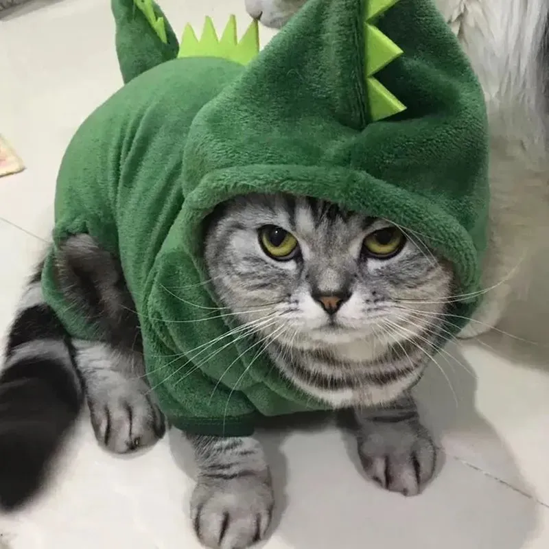 Cat Costume Pet Cat Clothes Puppy Dog Cat Funny Dinosaur Costume Winter Warm Plush Cat Coat Fleece Hoodies Sweater Small Dog Kitten Clothing