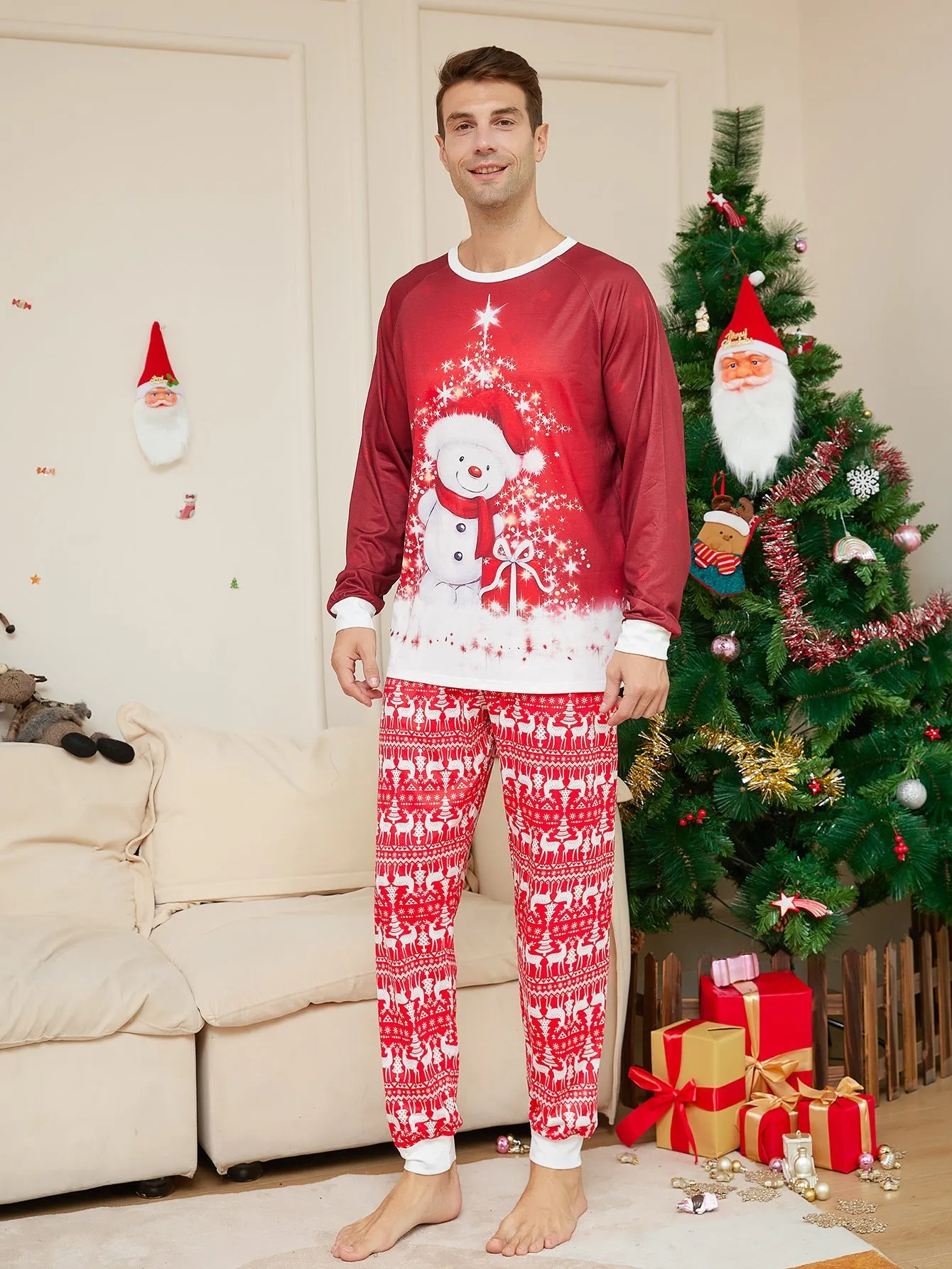 Christmas Cute Family Pajamas Set Snowman Cartoon Pattern