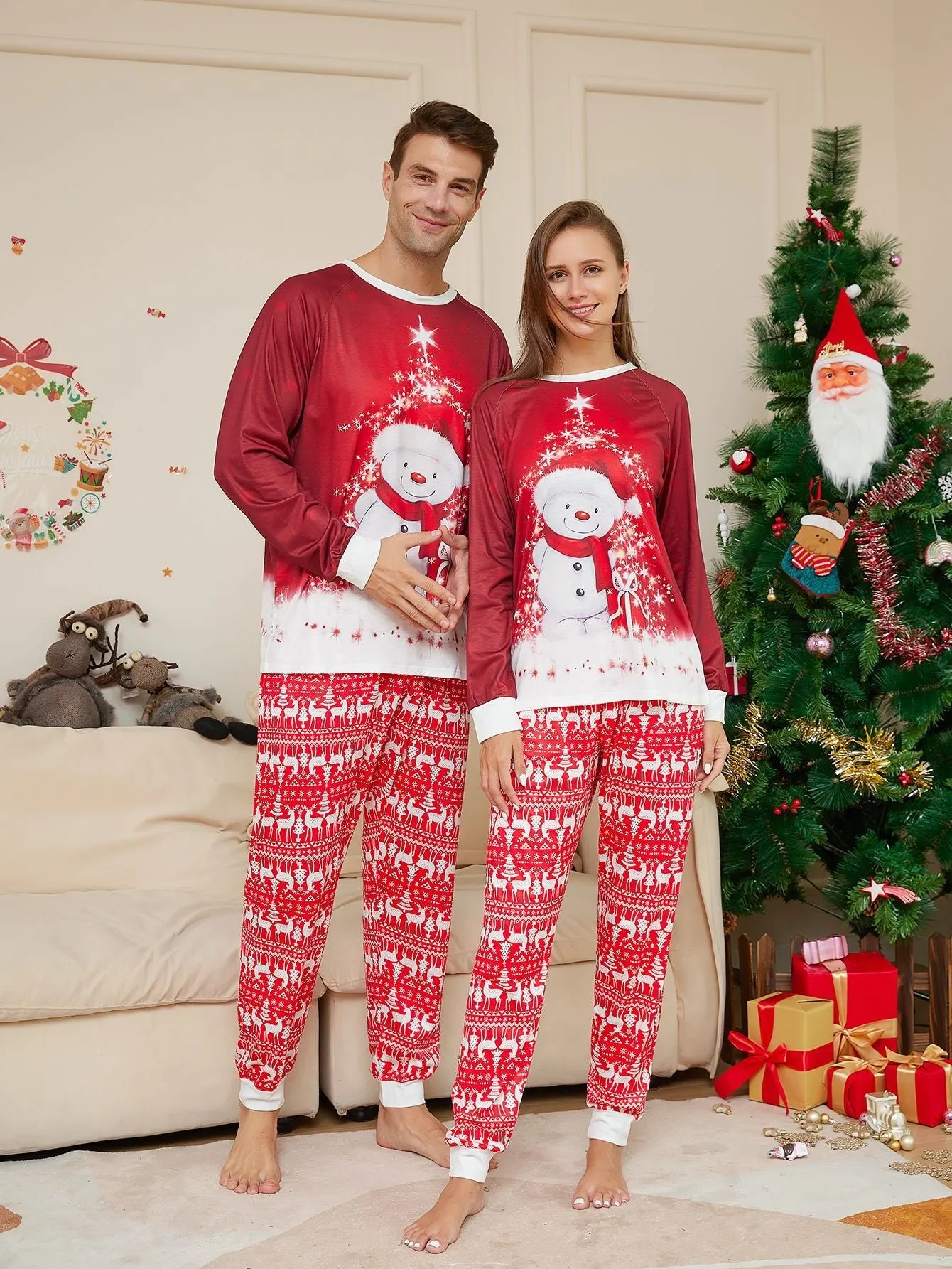 Christmas Cute Family Pajamas Set Snowman Cartoon Pattern