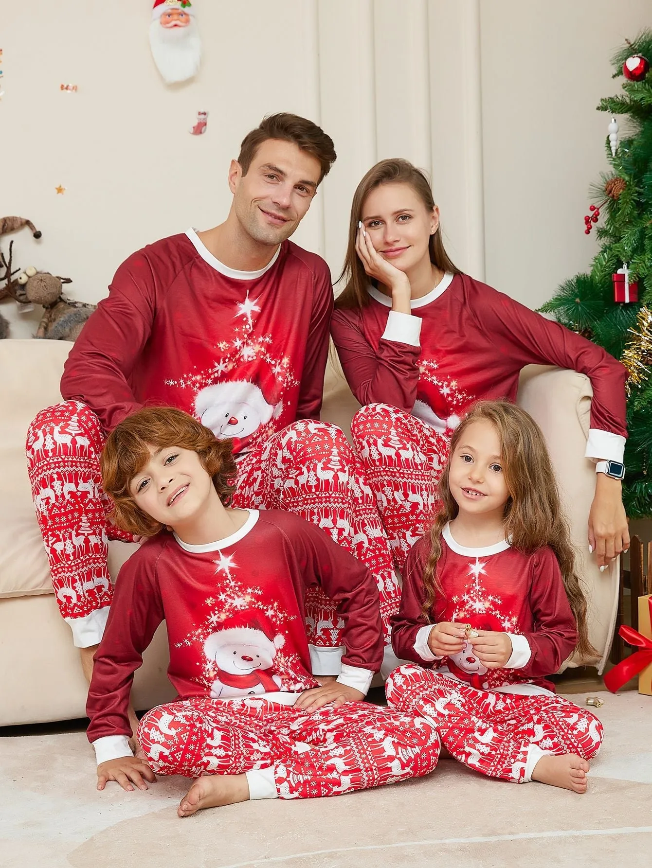 Christmas Cute Family Pajamas Set Snowman Cartoon Pattern