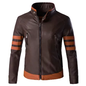 Cloudstyle Mens Leather Jacket Brown Long Sleeve Striped Zipper Closure Windproof Stand Collar