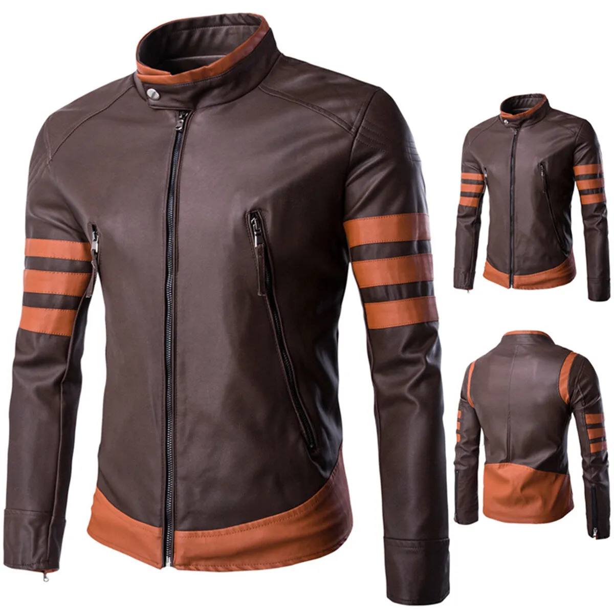 Cloudstyle Mens Leather Jacket Brown Long Sleeve Striped Zipper Closure Windproof Stand Collar