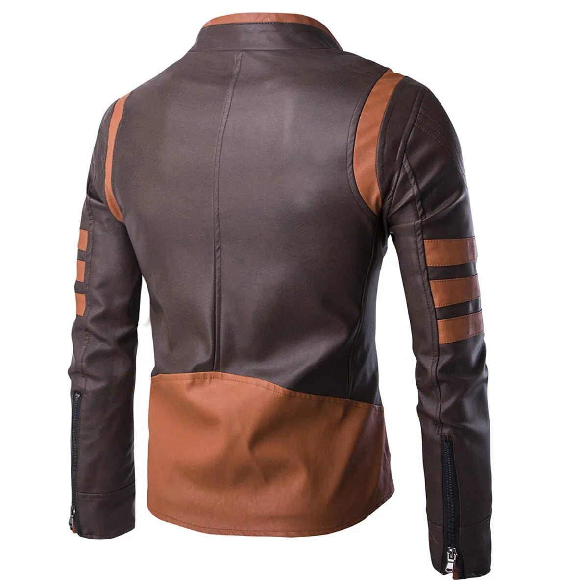 Cloudstyle Mens Leather Jacket Brown Long Sleeve Striped Zipper Closure Windproof Stand Collar