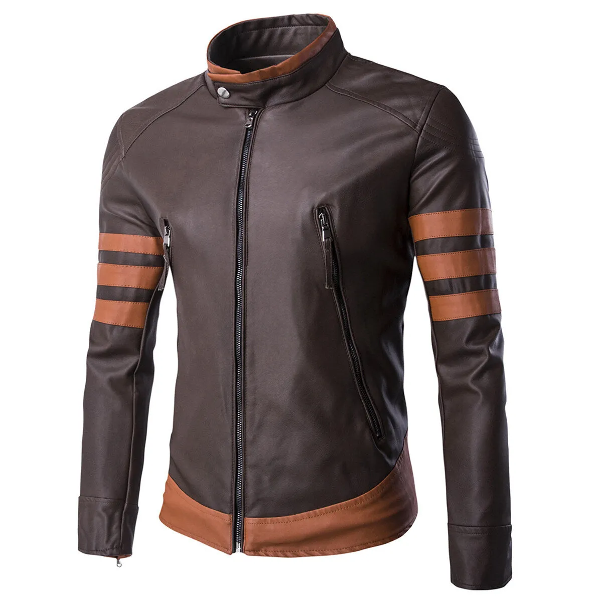 Cloudstyle Mens Leather Jacket Brown Long Sleeve Striped Zipper Closure Windproof Stand Collar