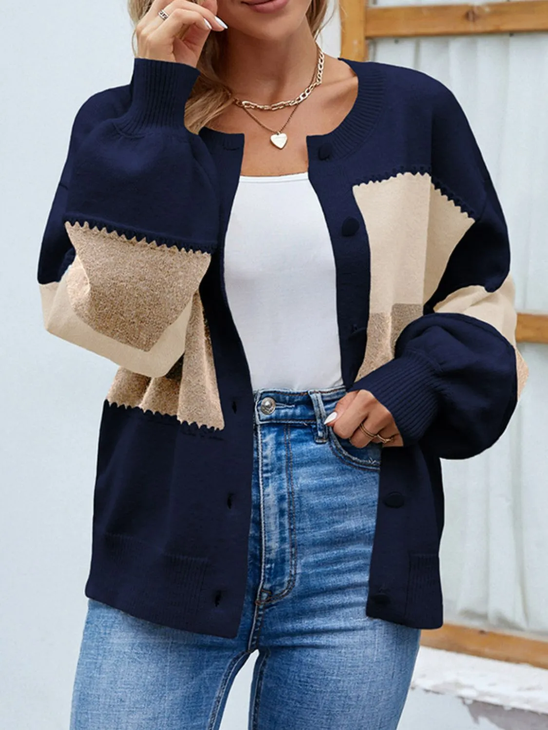 Color Block Lantern Sleeve Button Down Cardigan