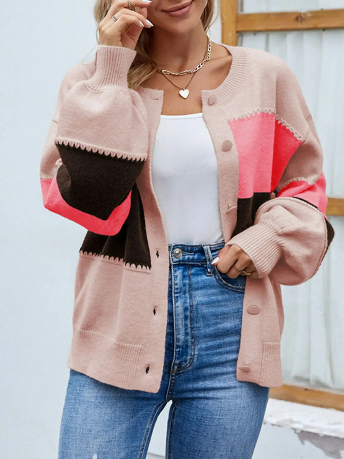 Color Block Lantern Sleeve Button Down Cardigan