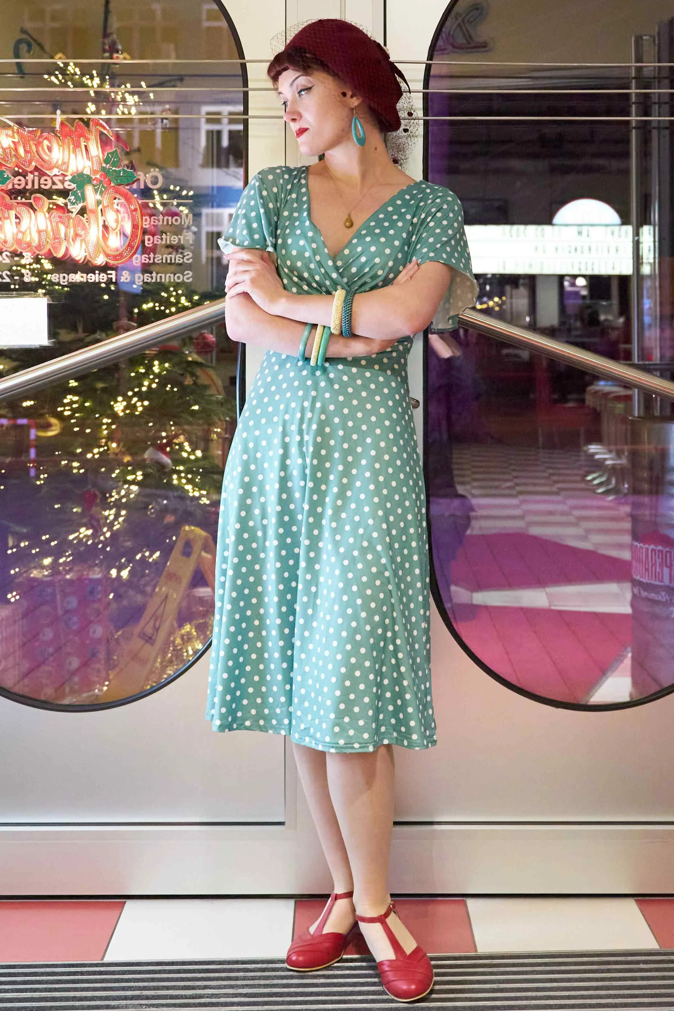 Donna Crossover Bust Sage Green Polka Dot Dress