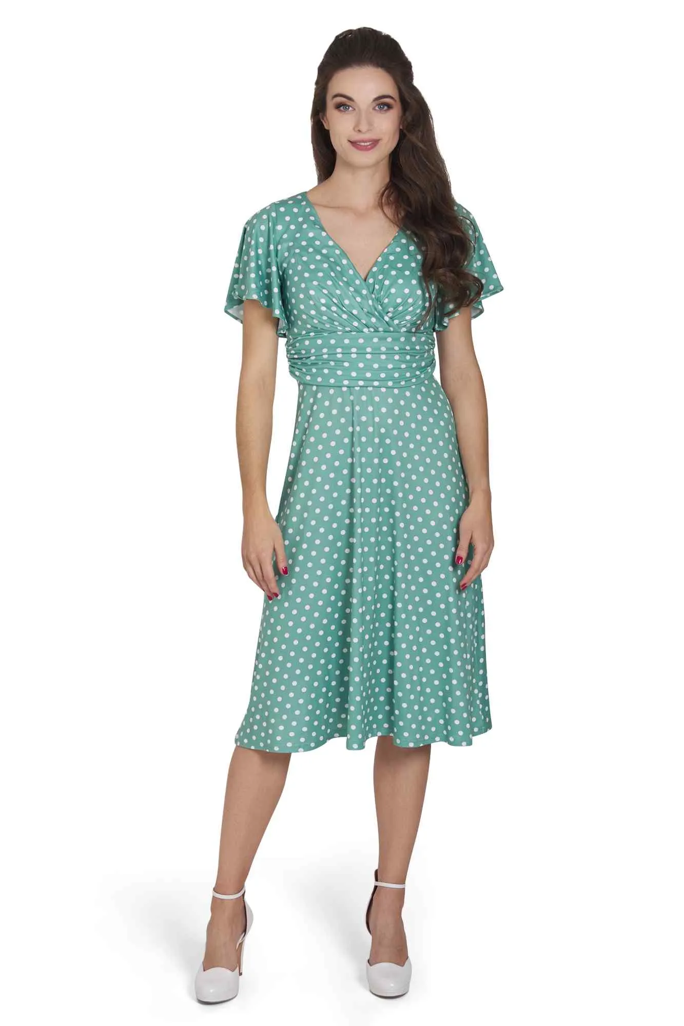 Donna Crossover Bust Sage Green Polka Dot Dress