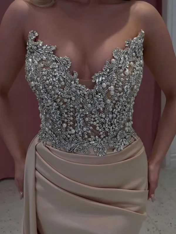 Exquisite Long Champagne Mermaid Strapless Jewels Prom Dress