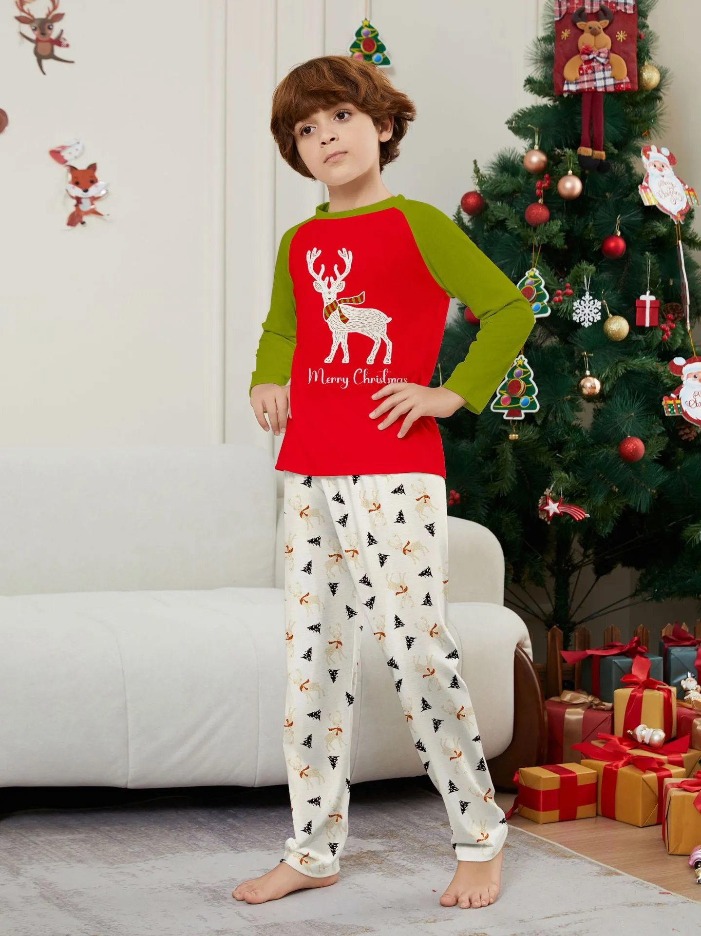 Family Christmas Pajama Set Colorblocked Printed Fawns