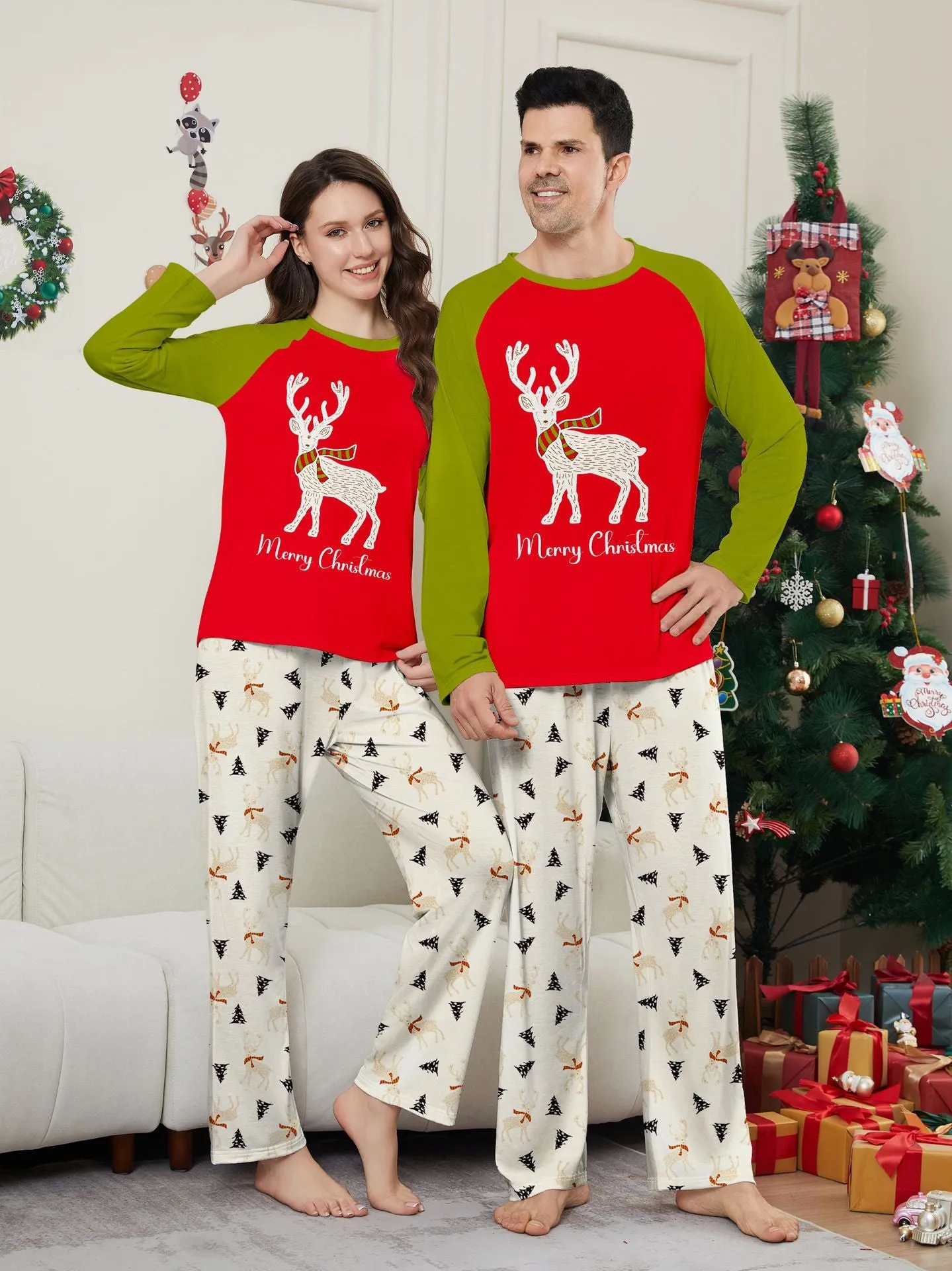 Family Christmas Pajama Set Colorblocked Printed Fawns