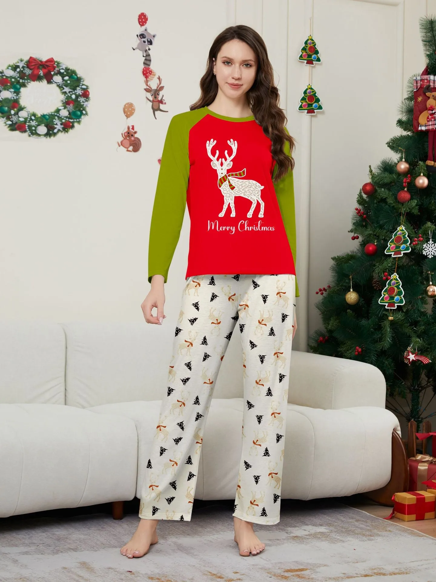 Family Christmas Pajama Set Colorblocked Printed Fawns