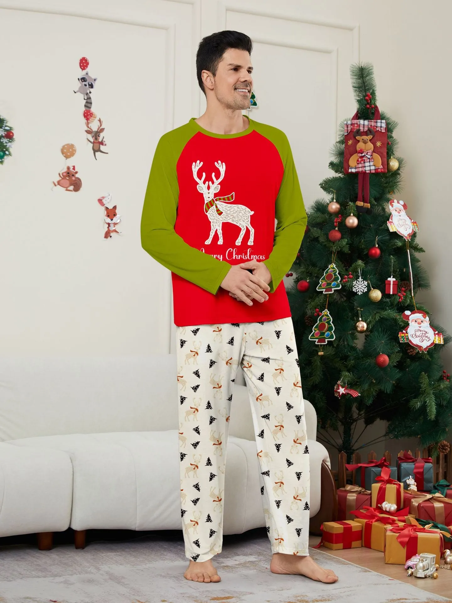 Family Christmas Pajama Set Colorblocked Printed Fawns