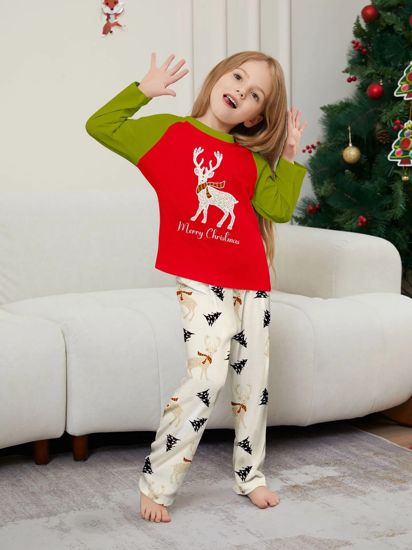 Family Christmas Pajama Set Colorblocked Printed Fawns