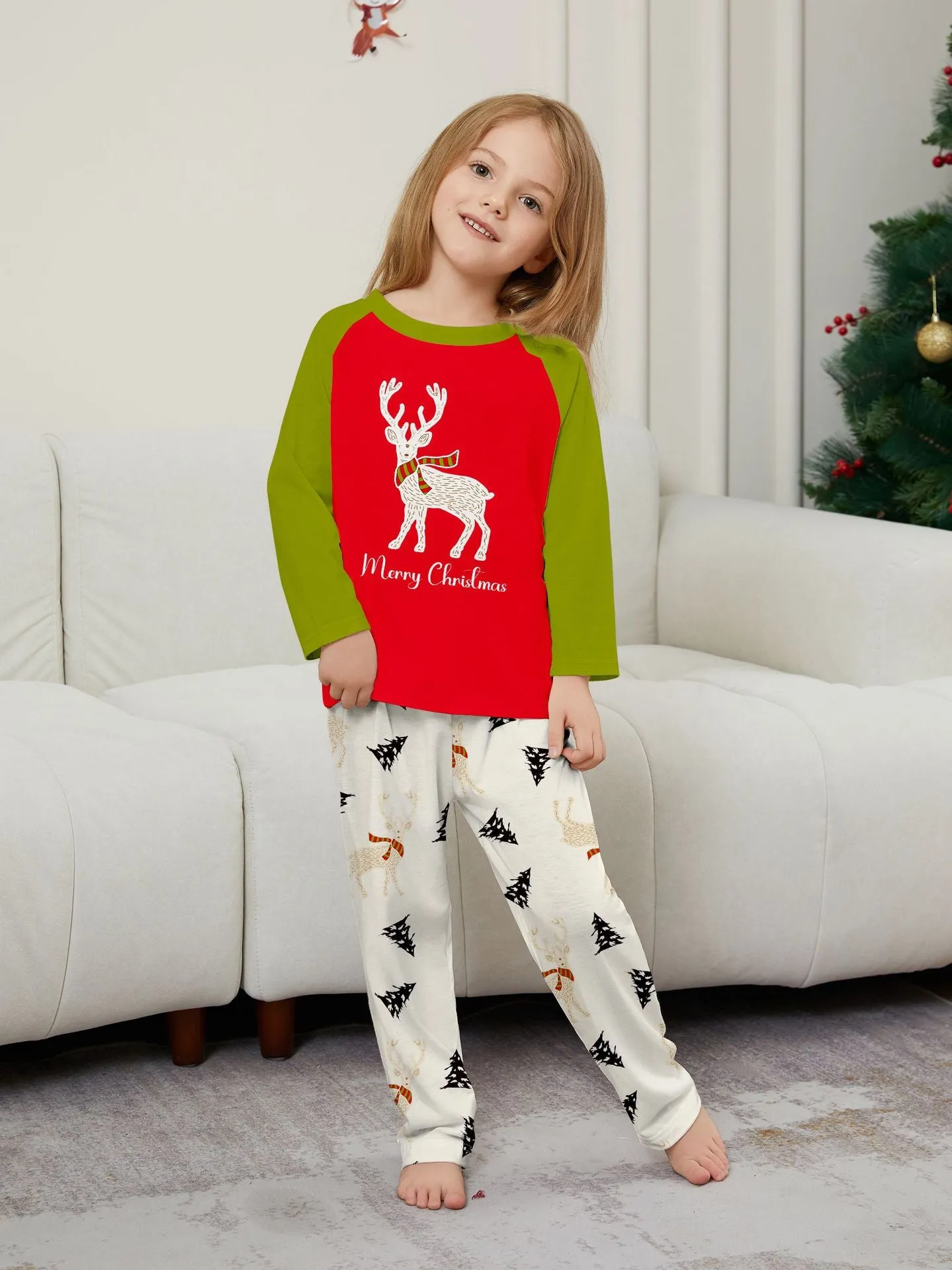 Family Christmas Pajama Set Colorblocked Printed Fawns