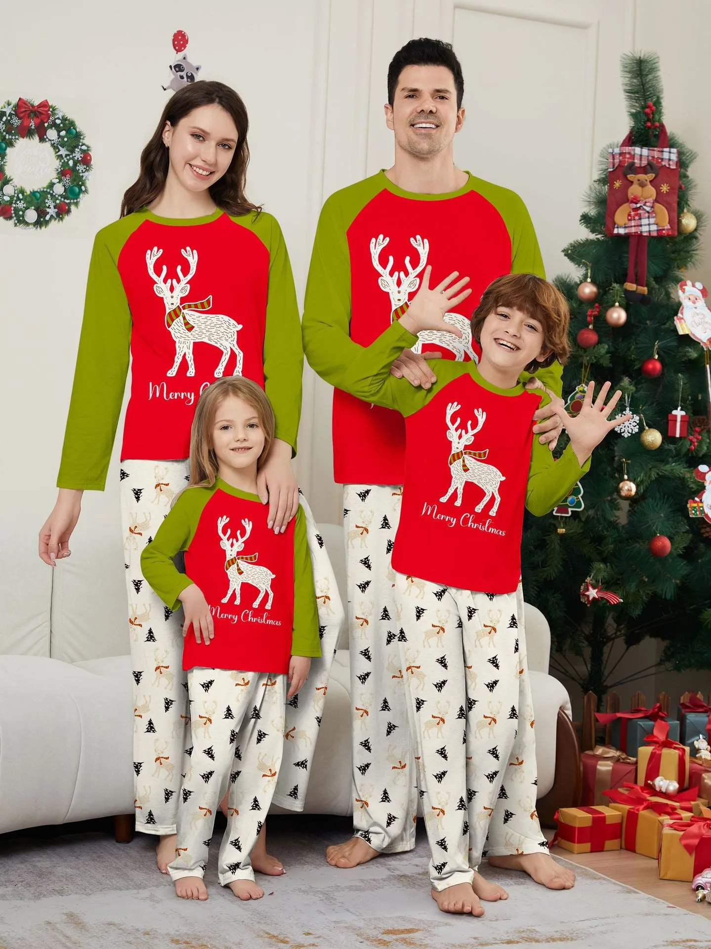 Family Christmas Pajama Set Colorblocked Printed Fawns