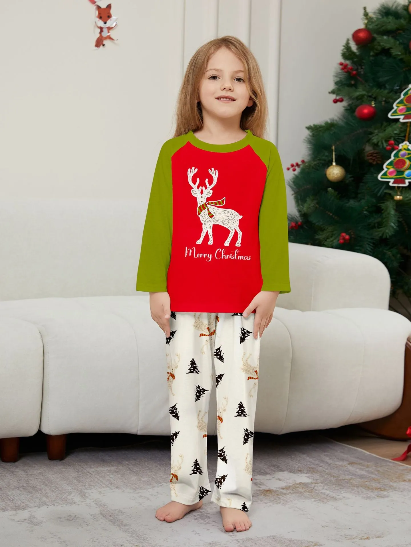 Family Christmas Pajama Set Colorblocked Printed Fawns