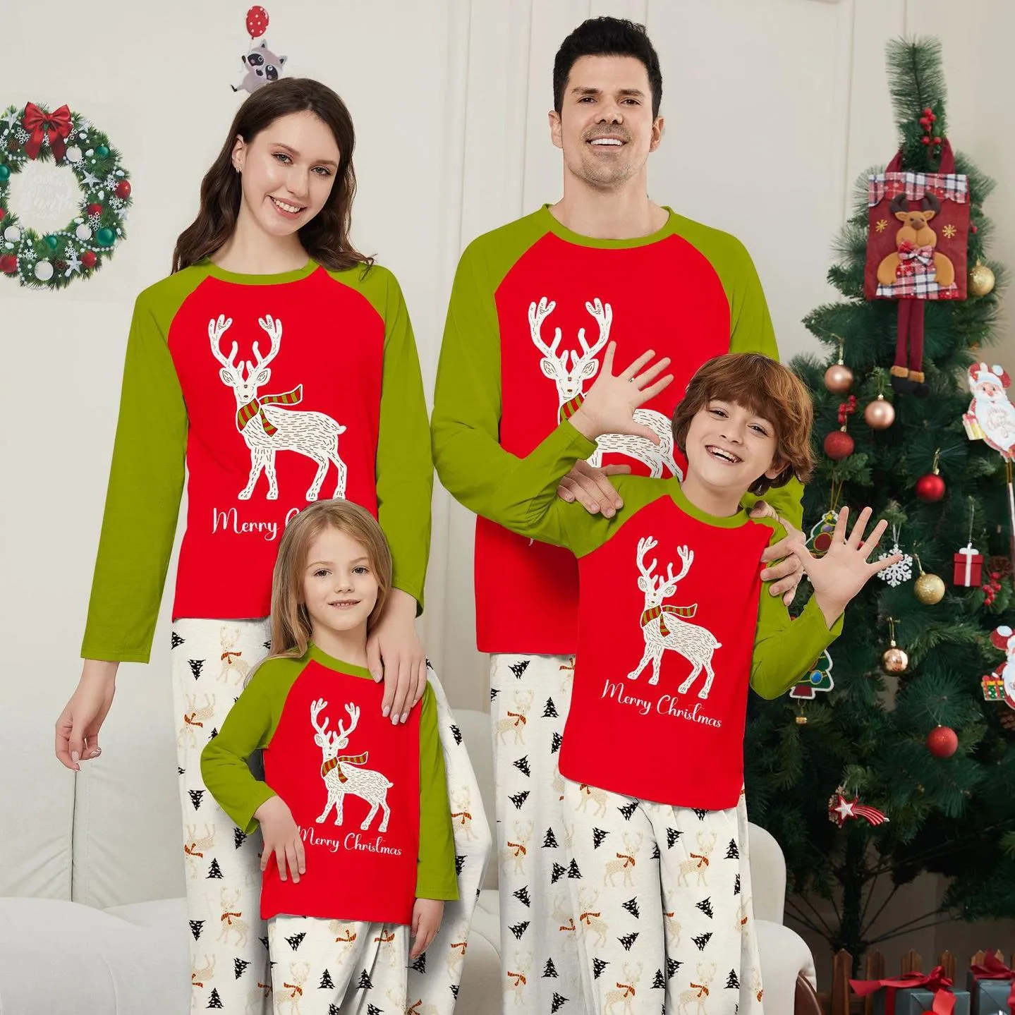 Family Christmas Pajama Set Colorblocked Printed Fawns