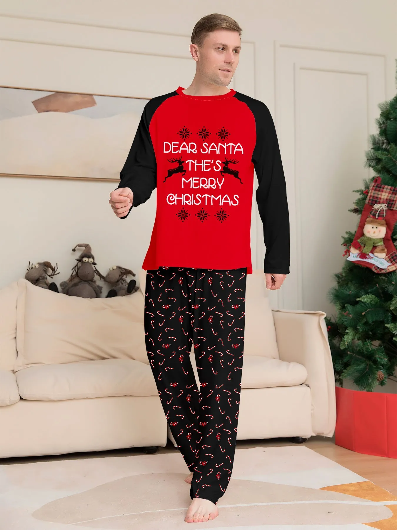 Family Pajama Set with Christmas Cane Fawn Monogrammed