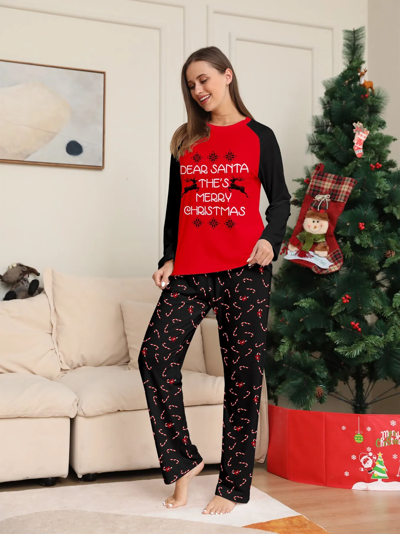 Family Pajama Set with Christmas Cane Fawn Monogrammed