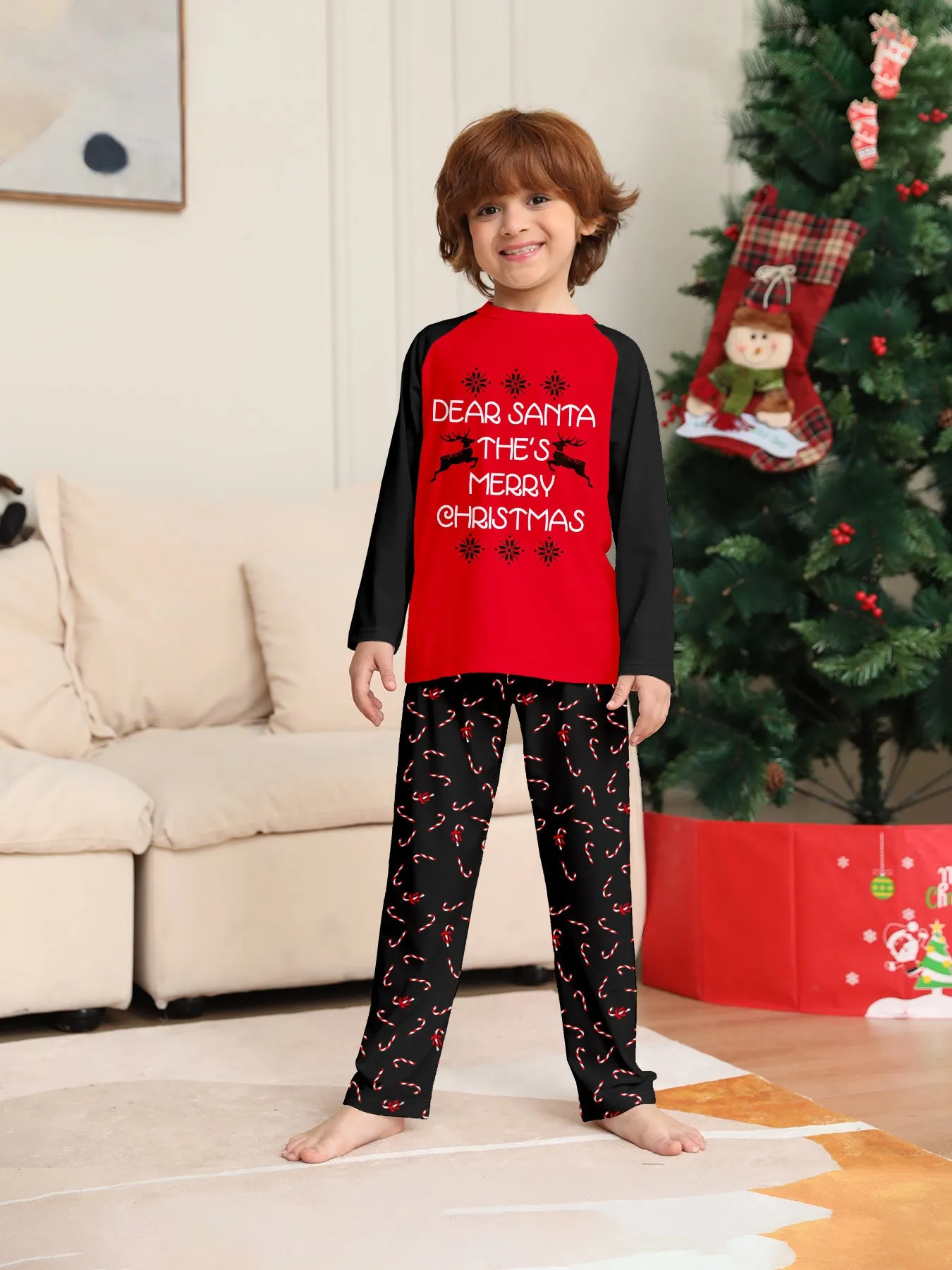 Family Pajama Set with Christmas Cane Fawn Monogrammed