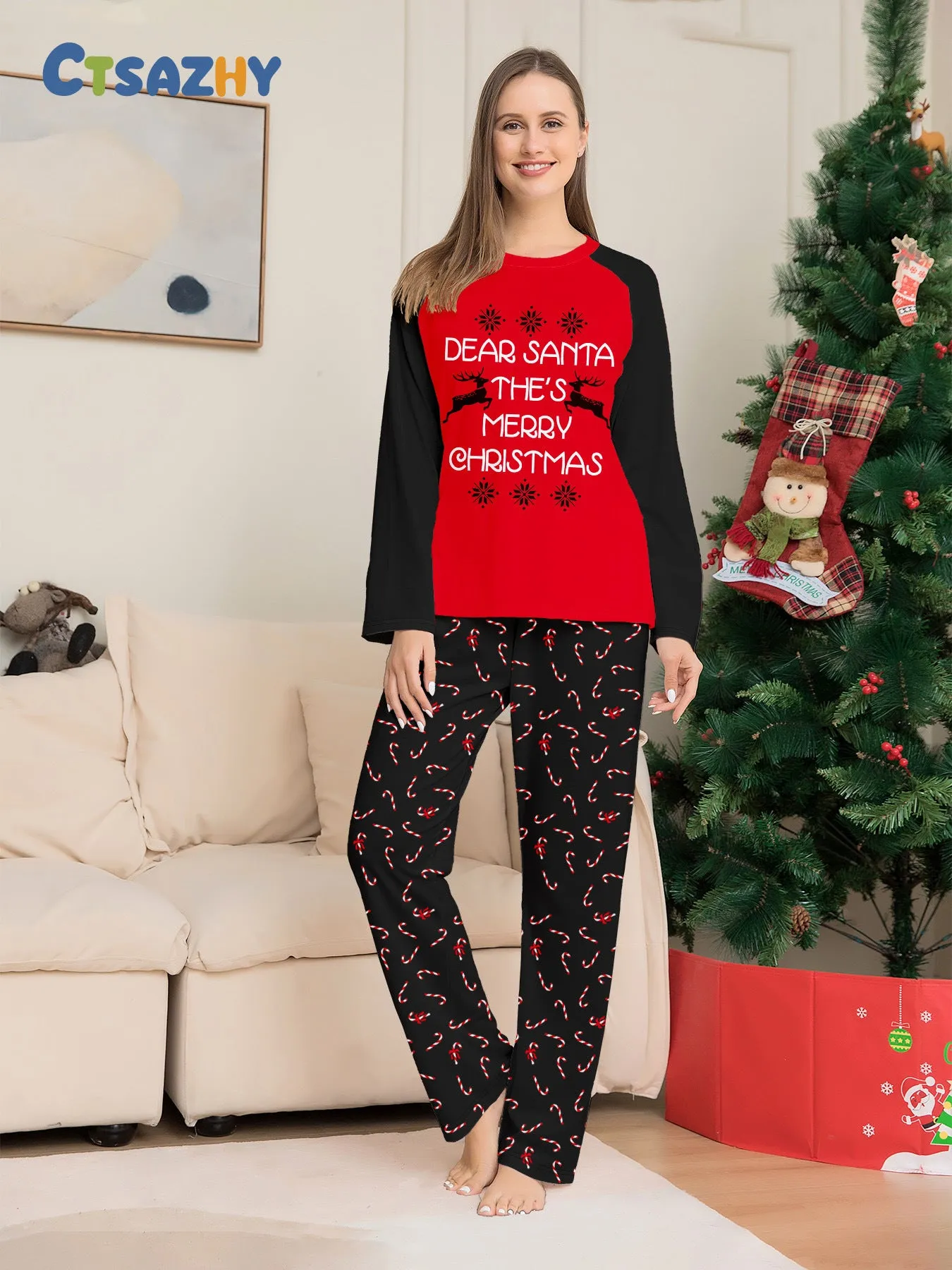 Family Pajama Set with Christmas Cane Fawn Monogrammed